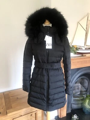 Zara Black Wind Protection Duck Down Hooded Belted Puffer Coat M UK12  # P23M - Image 1 of 4