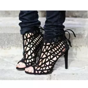 Zara Basic Collection Laser Cut Genuine Leather Suede Black Heeled Sandals 38 8 - Picture 1 of 13