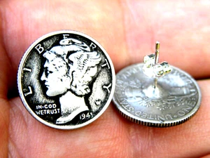 Sterling Post stud ear ring silver 1941 authentic Mercury dime coin nice gift - Picture 1 of 4