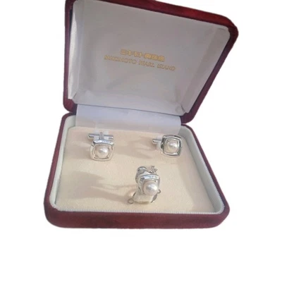 VINTAGE MIKIMOTO Pearl Island Silver Cufflinks Tie Pin Set Boxed Gift 🎁 Ready - Image 1 of 4