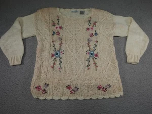 Suéter Vintage Abuela Mujer Mediano Blanco Grueso Bordado Floral Grannycore - Imagen 1 de 8