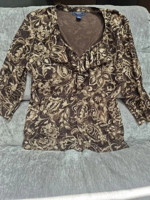 CHAPS Denim Floral Top Brown & Beige Ruffled 3/4 Slv Classic Country Chic Sz XL - Image 1 of 4
