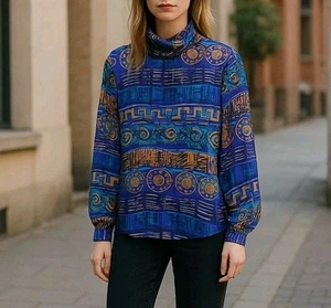 Women's Vintage Top High Neck Geometric Secretary Office Career Size L 12 42x24 - Picture 1 of 6