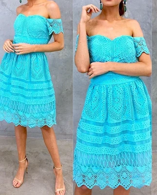 🌺MEI MEI Designer Aqua Crochet Lace Midi Fit & Flare Party Dress-12 - image 1 of 4