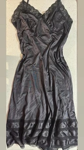 VINTAGE SLIP DRESS LINGERIE SILKY BLACK by ADONNA sz 38 - Picture 1 of 2