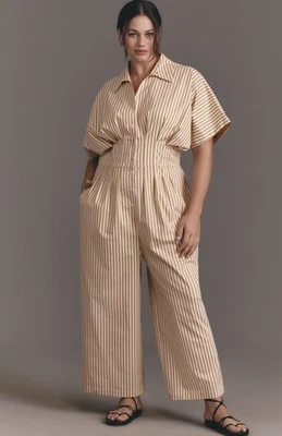 Macacão Anthrpologie Exquise Bege Tobie Plissado Perna Larga Retrô Preppy Tamanho 1X Novo com etiquetas - Imagem 1 de 4