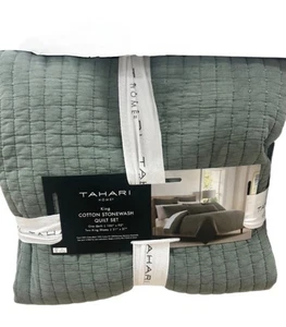 Tahari Green Cotton Stonewash King Quilt Set 106”x92” - Picture 1 of 3