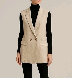 Beige Leinenmischung ärmellose Longjacke Damen L Halston minimalistisch Lagenlook - Bild 1 von 8