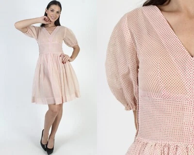 Vtg 50s Swiss Dot Rockabilly Dress Metal Side Zipper Thin Retro Full Skirt - Image 1 of 4