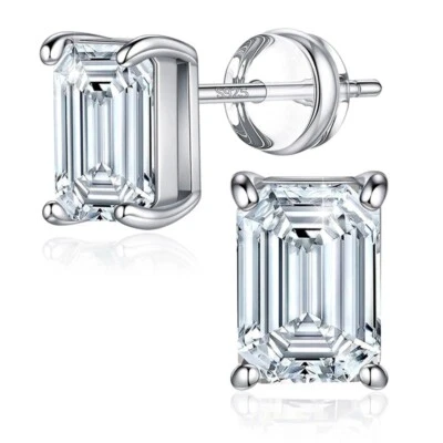 0.5- 2ct D Color Real Emerald Cut Moissanite Stud Earrings 925 Sterling Silver - Image 1 of 4