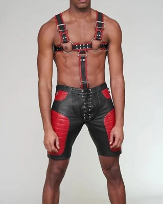 Arnés de cuerpo completo de cuero real para hombre Arnés de pecho ajustable y pantalones cortos a juego Foto 1 de 4