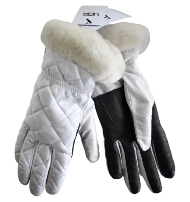 NEW UGG White QUILTED ALL LEATHER TOUCH SCREEN COMPATIBLE Women's GLOVES L/XL - Image 1 of 4