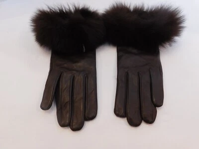 DESIGNER LADIES BROWN LEATHER WINTER GLOVES POLYESTER LINING FAUX FUR SIZE MED - Image 1 of 4