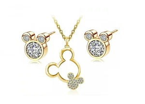 Disney Strass GOLD Schmuckset Halskette + Ohrringe Disney Land Mickey Maus Mouse - Bild 1 von 8