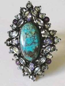Genuine stabilized Turquoise,Tanzanite,Aquamarine Ring 925 Sterling black... - Picture 1 of 11