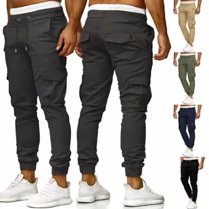 Mens Slim Fit Pants Combat Gym Work Long Trousers Cargo Military Pants Jogger - Picture 1 of 22