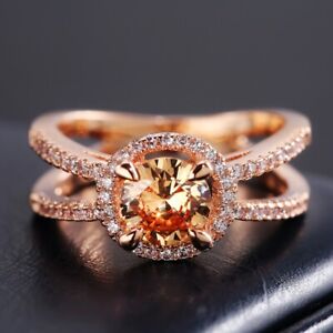 Gorgeous Champagne Crystal Rose Gold Filled Ring Women Wedding Ring Size 6-10