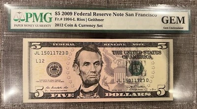 2009 $5 FIVE DOLLAR BILL GEM UNCIRCULATED SAN FRANCISCO FRN FEDERAL RESERVE NOTE - Image 1 of 2