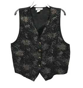  Womens Black Velvet Vest Glitter Large Button Up Back Tie Impressions Of Calif - Picture 1 of 10