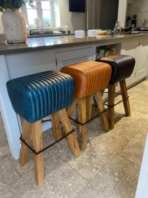 Leather Breakfast Bar Kitchen Counter Stool - Wood Legs Pommel Horse Style Seat - Image 1 of 4
