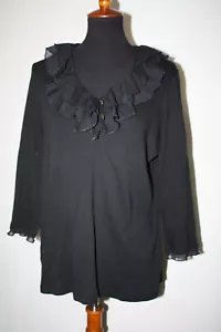 CHAPS SZ XL Black 3/4 Sleeve Knit Top Ruffle Tied V-Neck Collar Lace Cuffs - Picture 1 of 6