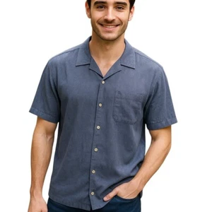 Cutter & Buck Blue Silk Button Front Short Sleeve Camp Shirt Men's Size XXL - Picture 1 of 6