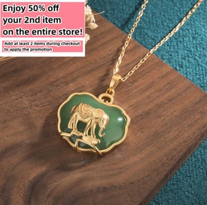 Collar Colgante de Elefante de Jade Dije Cadena Enchapada en Oro 18K Retro Piedra Preciosa Dorada - Imagen 1 de 6