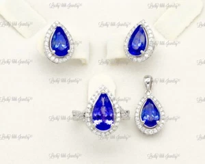 14k White Gold Natural Diamond Tanzanite Earring pendant ring set Halo Pear 9.61 - Picture 1 of 11
