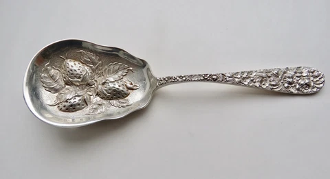 Sterling Silver Stieff Strawberry Berry  Spoon Repousse  Pattern 8 in  103 grams Cover
