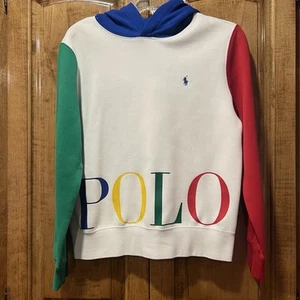 Polo Ralph Lauren Boys White Multi Colorblock Double Knit Pullover Hoodie Large - Picture 1 of 6