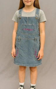 Vintage 90'S Denim Jean Overall Dress Jumper Girls Size 14 Embroidered Flowers - Picture 1 of 10