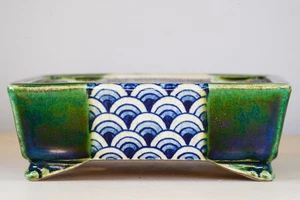 Japanese Bonsai Pot TERAHATA SATOMI 6.3"(15.9cm) Green Glazed Rectangle Y812 - Picture 1 of 11