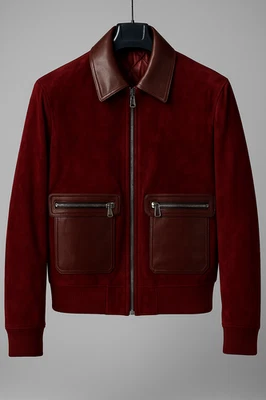 Abez Men's Red Pure Suede Genuine Leather Bomber Jacket Premium Party Wear Coat - Image 1 of 4