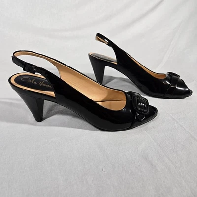 Vintage COLE HAAN Classic BLACK Patent LEATHER Slingback Peep-Toe Heel Size 10B. - Image 1 of 4
