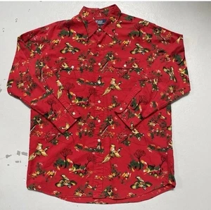 Vintage 90er Polo Ralph Lauren Jagd Fisch All Over Print Vogel Knopf Hemd XL lang - Bild 1 von 4