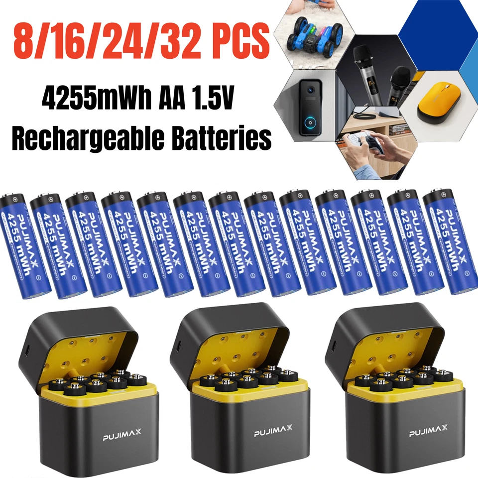 Pilas recargables AA 8/16/24/32 PIEZAS 1,5 V litio 4255 mWh con caja de cargador Foto 1 de 4