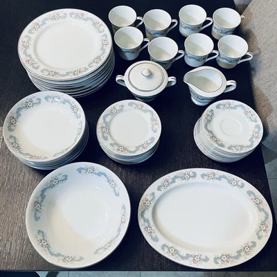 Vintage Happy Home Fine China Rose Bud 48 Piece Set Plates Bowls Platter Cups - Image 1 of 4