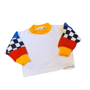 Vintage Pop Kinder 90er weiß Colorblock Racing Karo Sweatshirt Größe 12M - Bild 1 von 7