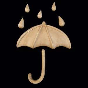 Vintage 1970s Umbrella Ceramic Wall Plaque with Rain Drops Beige Tan Wall Decor - Picture 1 of 8