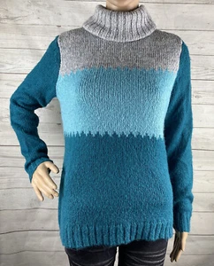Maglione girocollo basso piccolo blu grigio righe larghe misto alpaca maglia invernale - Foto 1 di 12