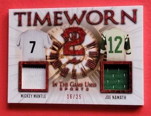 MICKEY MANTLE JOE NAMATH GAME USED JERSEY PATCH CARD #16/25 22 LEAF YANKEES JETS - Picture 1 of 2