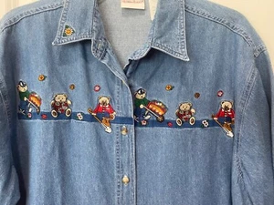 Camisa Denim Vintage Bobbie Brooks XL Bordada Osos Jardinería Flores Azul - Imagen 1 de 8