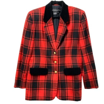 Blazer largo vintage a cuadros Adrienne Vittadini, talla 12, negro y rojo, ribete de terciopelo Foto 1 de 4