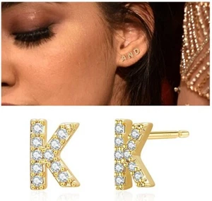 Initial Stud Earrings Letter K, 925 Sterling Silver Post with Zirconia Gold Plea - Picture 1 of 4