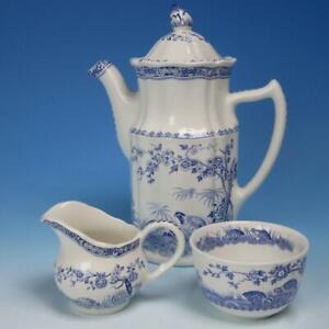 Furnivals England Blue Quail Transferware - Coffee Pot, Creamer, Sugar Bowl