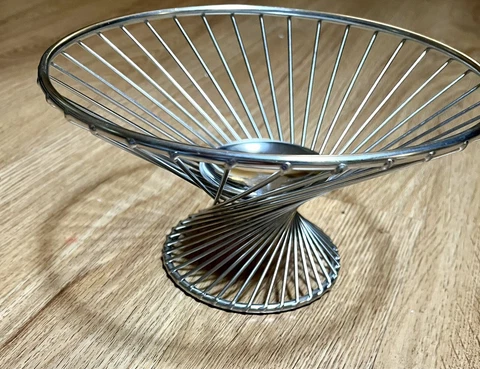 Vintage Mid Century Modern Silver Tone Round Wire Fruit Basket 10" Cover