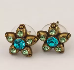 Michal Negrin Stud Earrings Green Blue Star Flower With Swarovski Crystals Gift - Picture 1 of 9