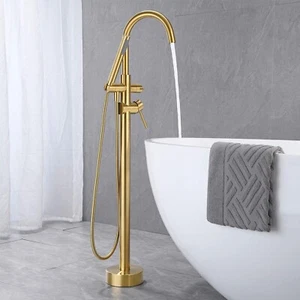Wowkk Tub Filler Freestanding Bathtub Faucet Brushed Gold Floor Mounted Brass - Picture 1 of 11