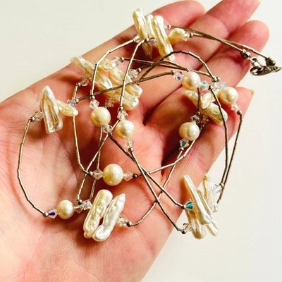 Colar de pérolas Biwa cristal vintage barroco água doce contas de contas prata 925 40" - Imagem 1 de 4