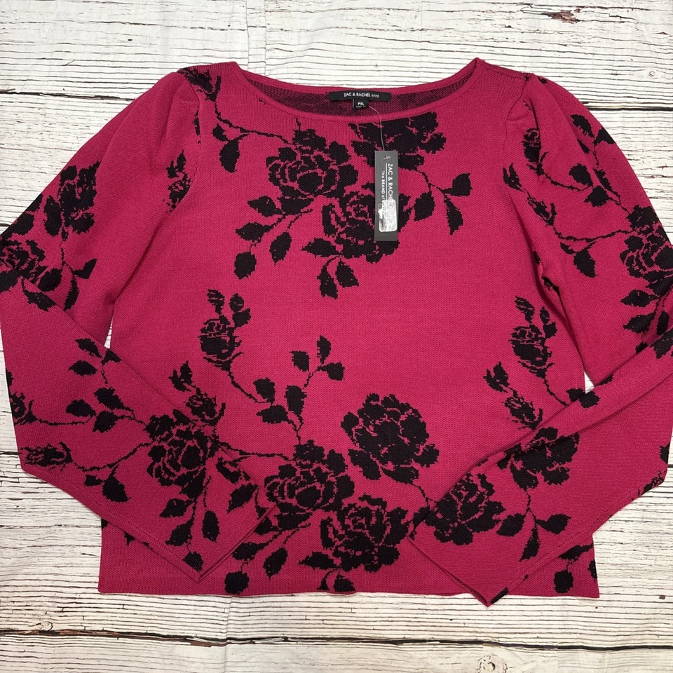 Zac & Rachel Sweater Women’s Fuchsia Black Roses Puff Sleeves Size Petite XL NEW - Image 1 of 4